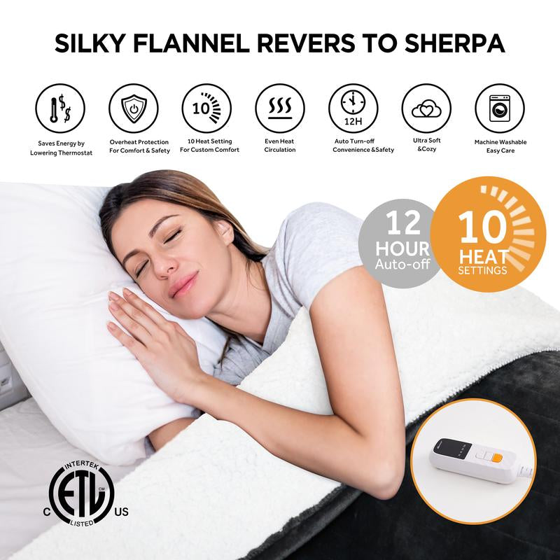 Warmrest Electric Blanket, Reversible Flannel and Lambswool Blanket, 6 Levels of Heating and 4H Auto Off, Overheat Protection, Machine Washable