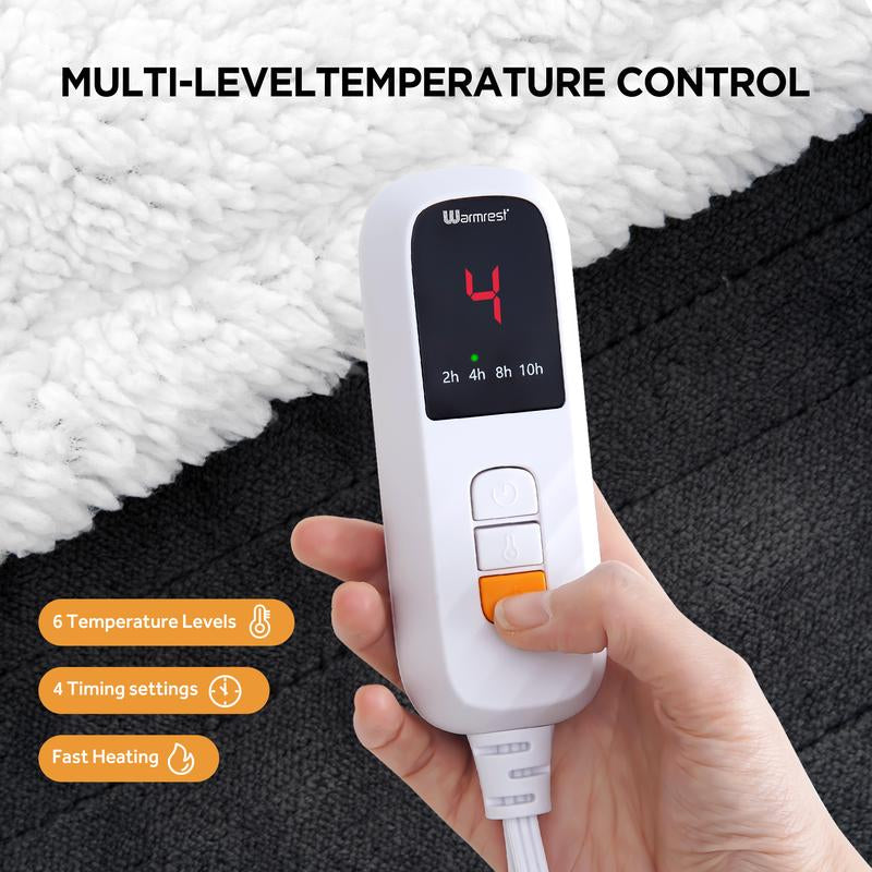 Warmrest Electric Blanket, Reversible Flannel and Lambswool Blanket, 6 Levels of Heating and 4H Auto Off, Overheat Protection, Machine Washable