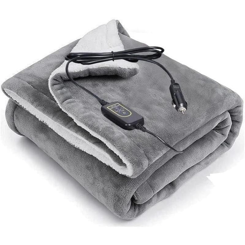 3-Heat Remote 12-Volt Plug in Heated Electric Blanket (Grey)